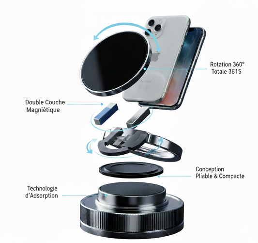 Support Téléphone Magnétique 360° | Fixation à Ventouse & Pliable